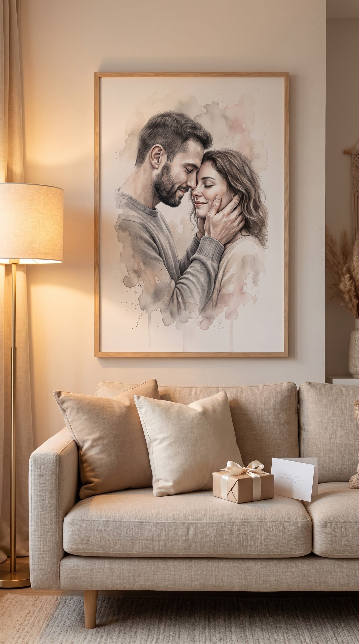 Watercolor couple in love portrait print framed on wall in warm neutral living room