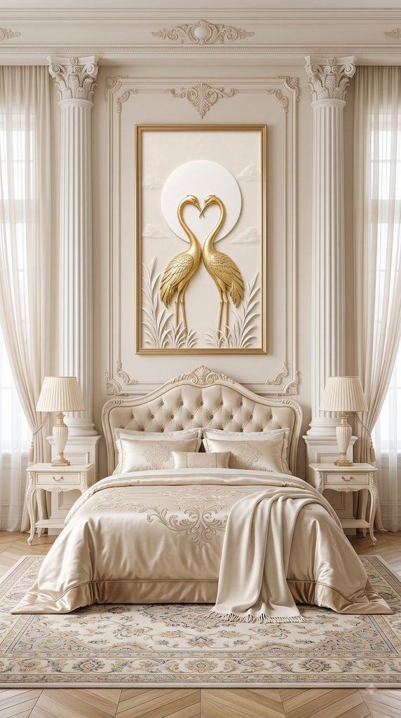 Golden Dance crane bird wall art print in bedroom