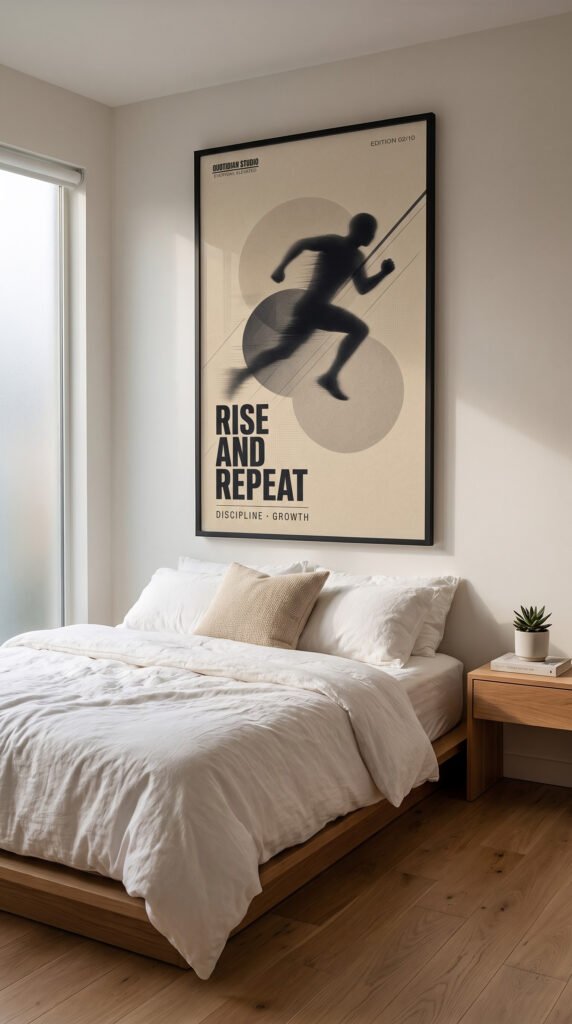 Minimalist motivational wall art print Rise and Repeat framed in a modern home office