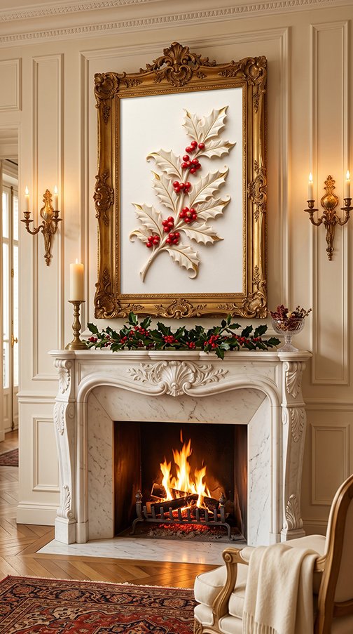 Holly and Berries botanical wall art prints above fireplace
