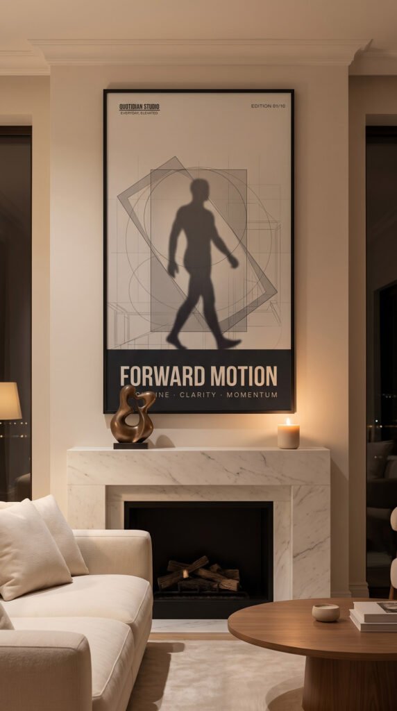 Minimalist motivational wall art print Forward Motion framed in a modern home office