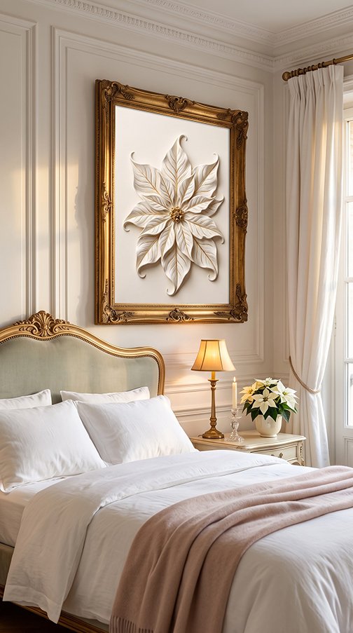 Ivory Poinsettia bas relief wall art print in bedroom
