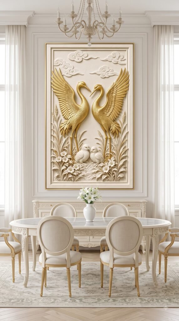 Golden Vow crane bird wall art print in dining room