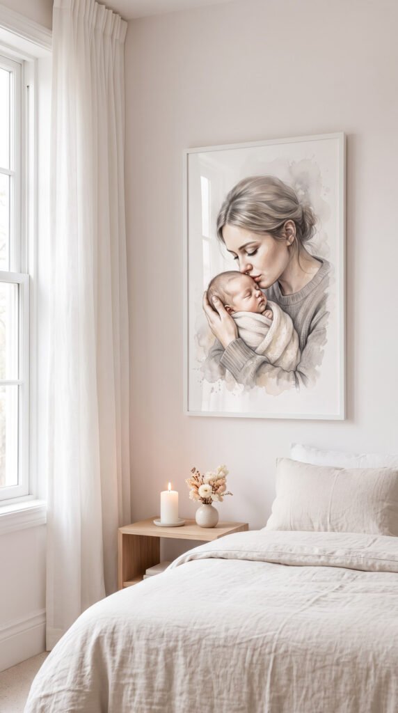 Watercolor mother and newborn portrait print