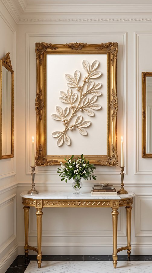 Mistletoe bas relief wall art print in entrance foyer