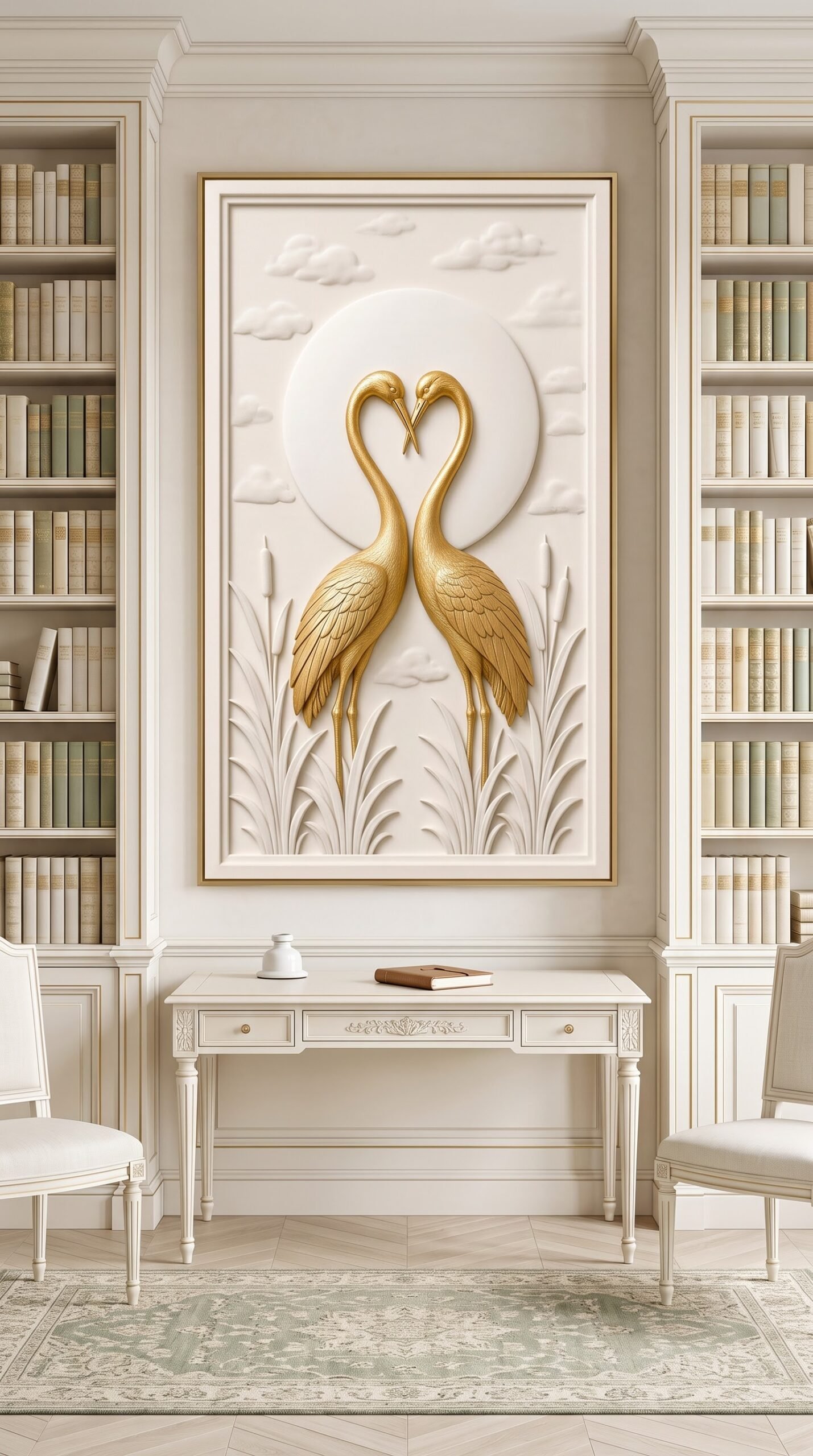 Eternal Love crane bird wall art print hanging in luxury French classical library