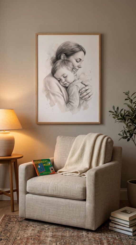 Watercolor mother and sleeping child portrait print