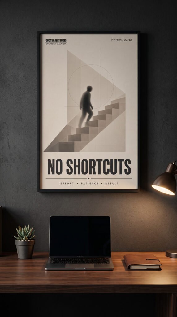 Minimalist motivational wall art print No Shortcuts framed in a modern home office