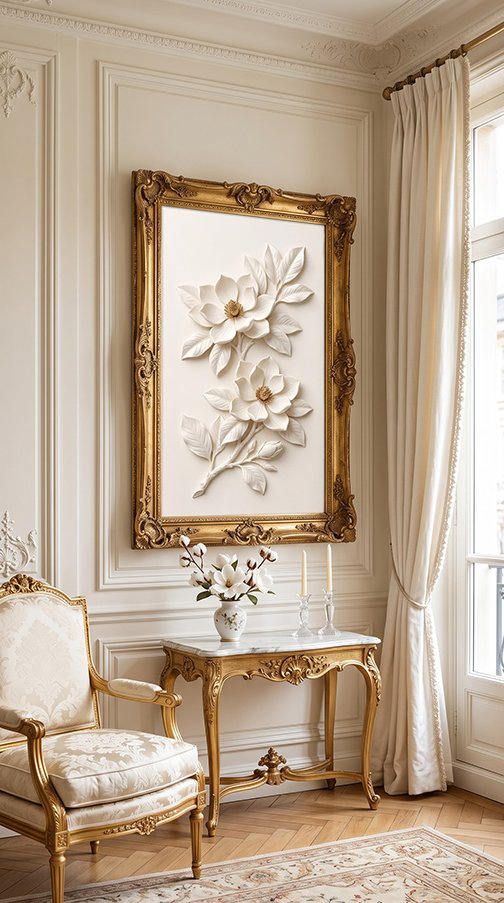 White Magnolia bas relief wall art print in living room
