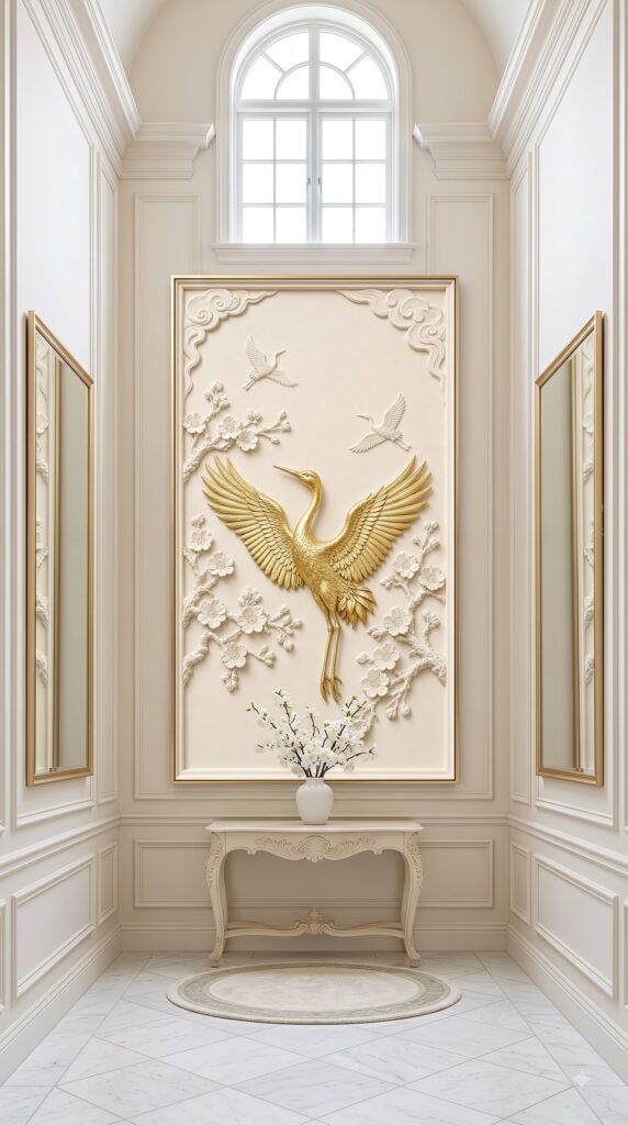 Golden Wings crane bird wall art print in entrance foyer