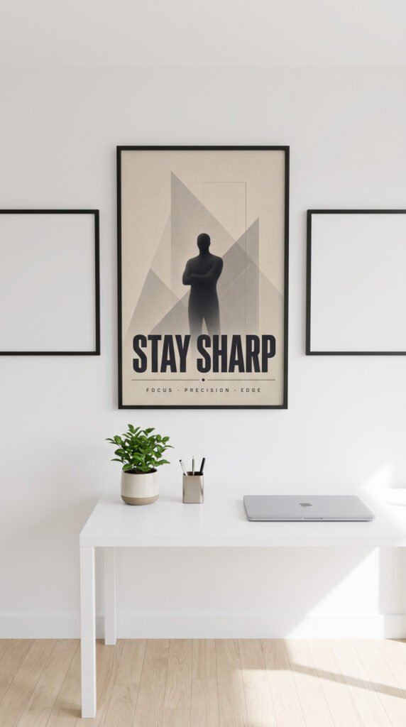 Minimalist motivational wall art print Stay Sharp framed in a modern home office