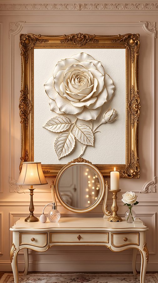 Winter Rose bas relief wall art print in dressing room