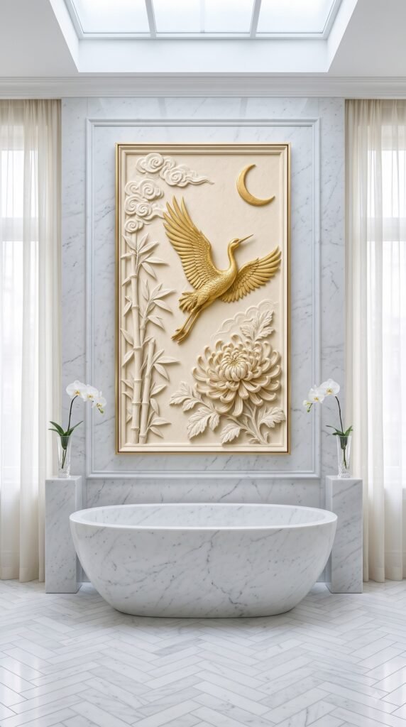 Bamboo Moon crane bird wall art print in bathroom
