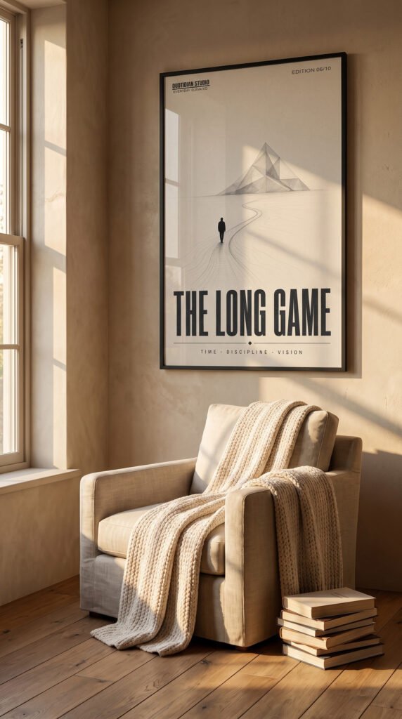 Minimalist motivational wall art print The Long Game framed in a modern home office