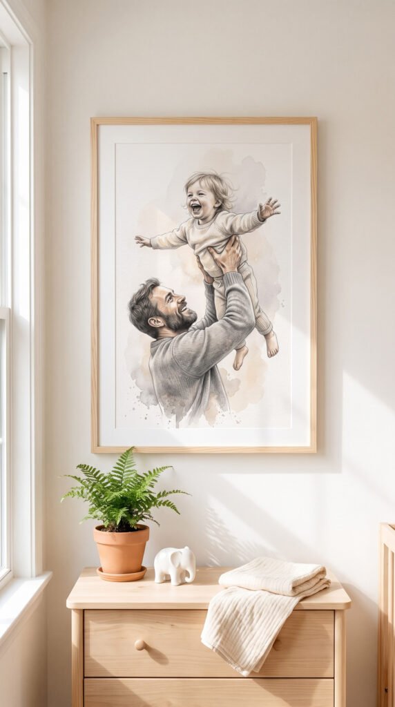 Watercolor father lifting baby portrait print