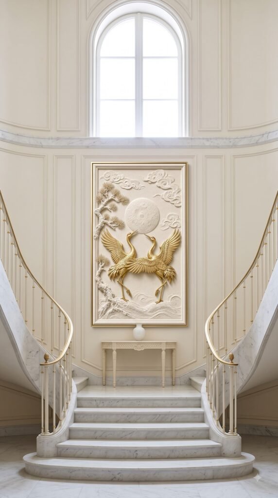 Golden Dawn crane bird wall art print on staircase wall