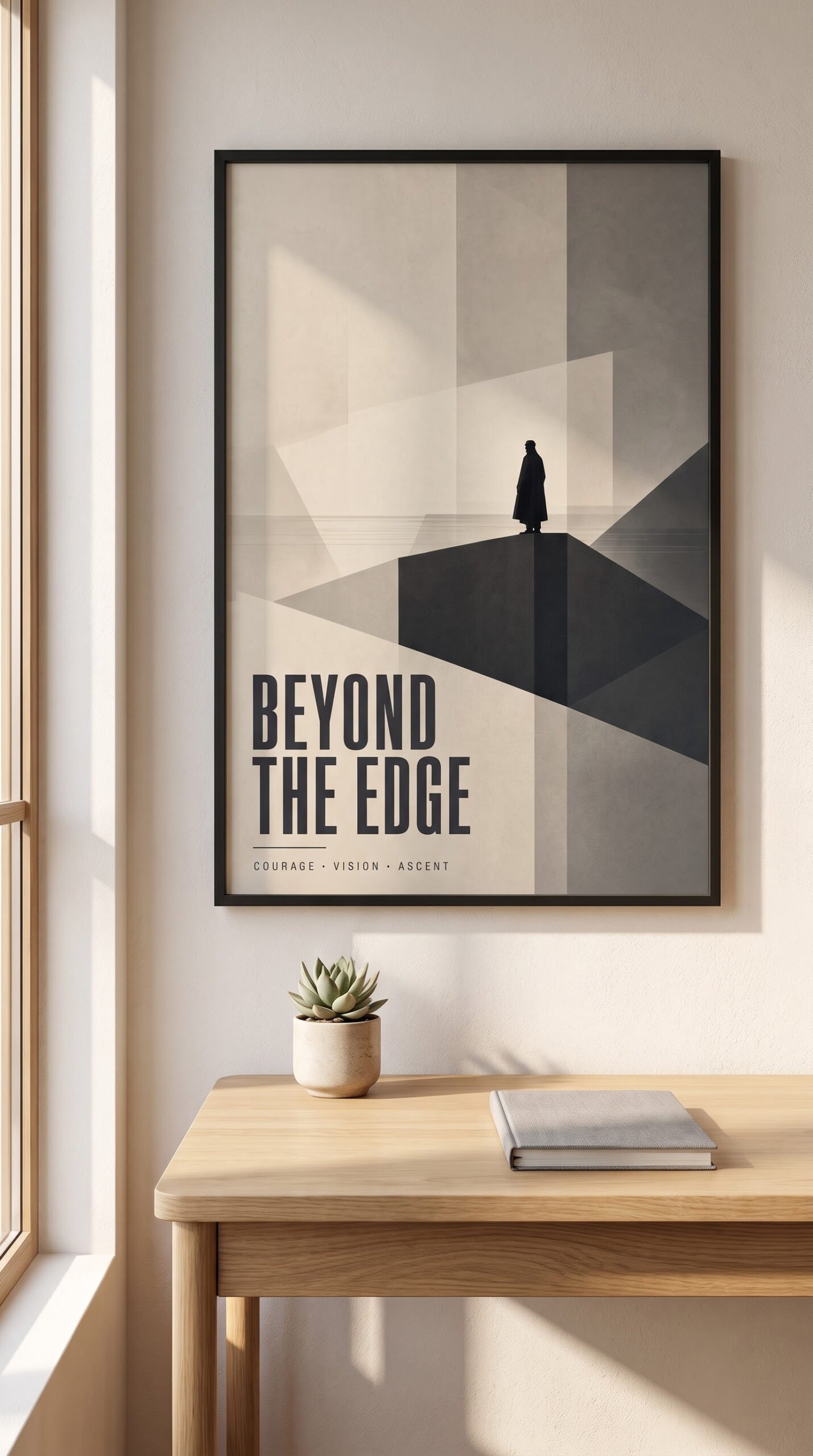 Minimalist motivational wall art print Beyond the Edge framed in a modern home office