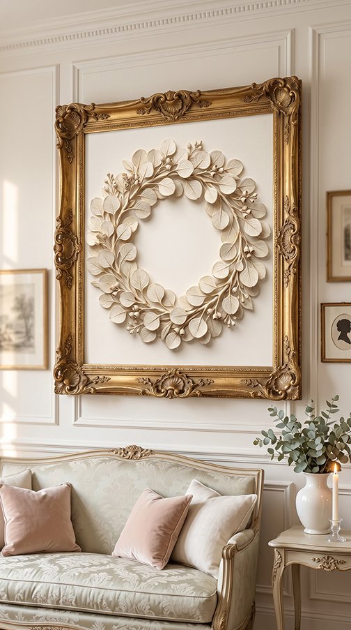 Eucalyptus Wreath bas relief wall art print in drawing room