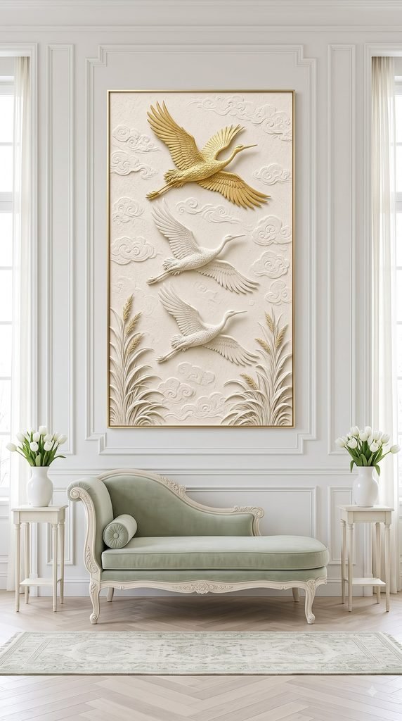 First Flight crane bird wall art print in morning room