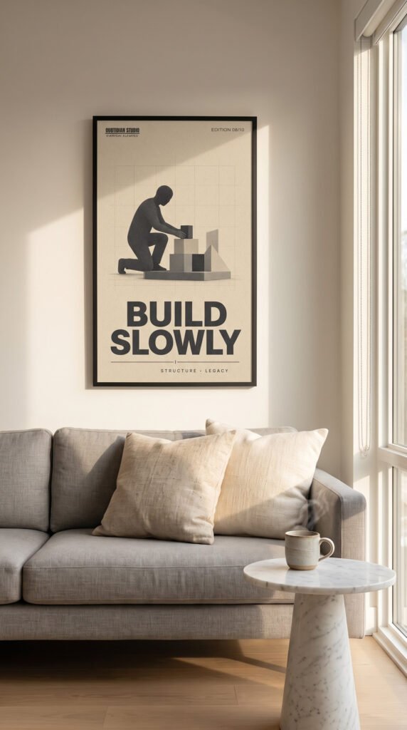Minimalist motivational wall art print Build Slowly framed in a modern home office