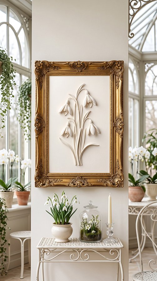 Snowdrop bas relief wall art print in conservatory