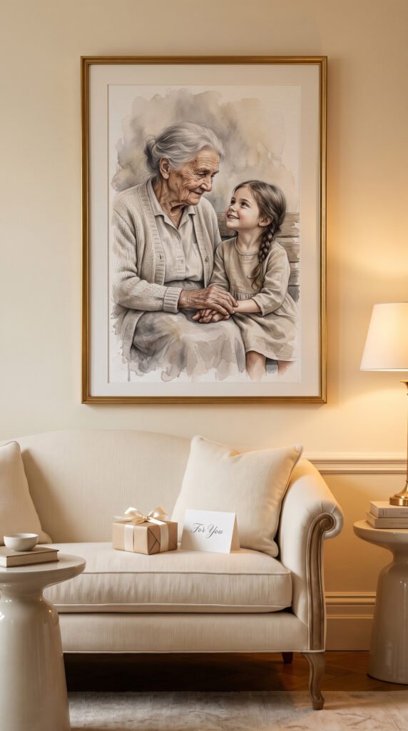 Watercolor grandmother and granddaughter portrait print