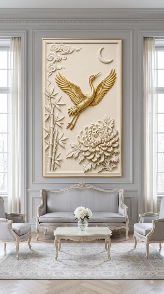 Red Crown crane bird wall art print in drawing room