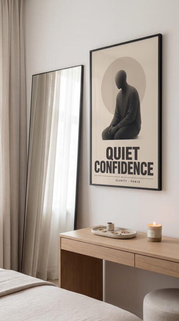 Minimalist motivational wall art print Quiet Confidence framed in a modern home office