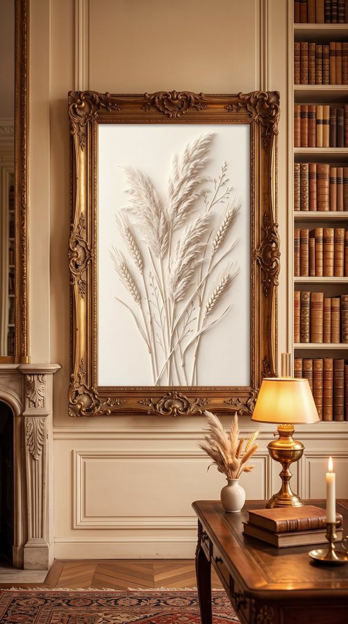 Pampas and Wheat bas relief wall art print in home library