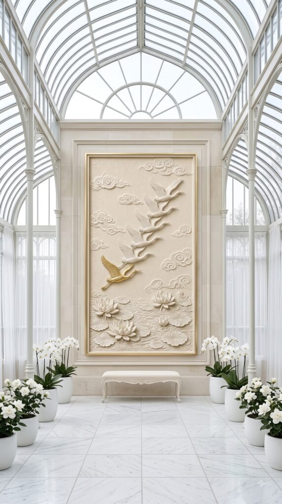 Lotus Flight crane bird wall art print in conservatory