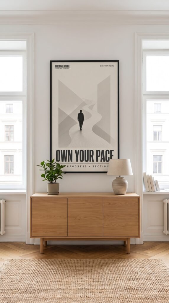 Minimalist motivational wall art print Own Your Pace framed in a modern home office
