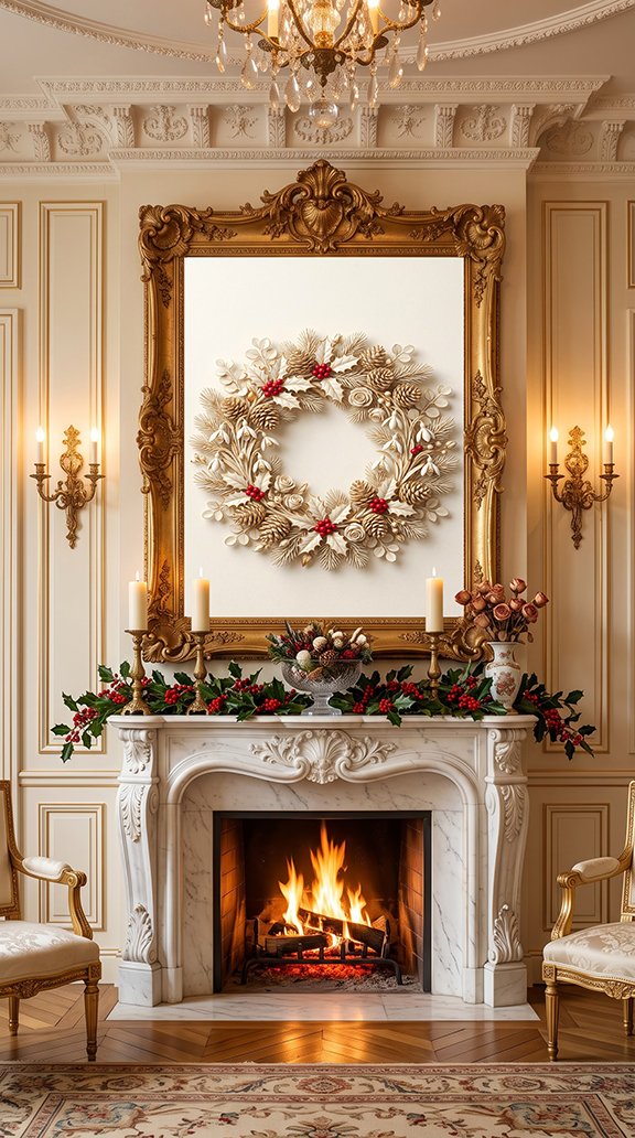 Winter Botanical Wreath bas relief wall art print in grand salon